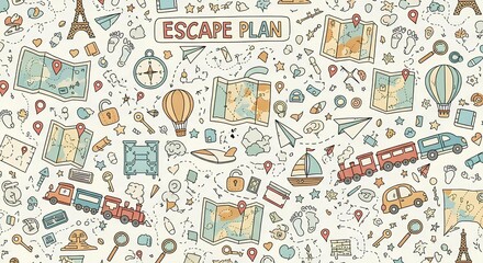 Fototapeta premium Doodle Travel Escape Plan Seamless Pattern Background.