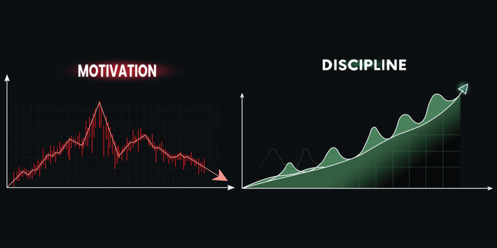A graph comparing motivation and discipline over time with a black background
