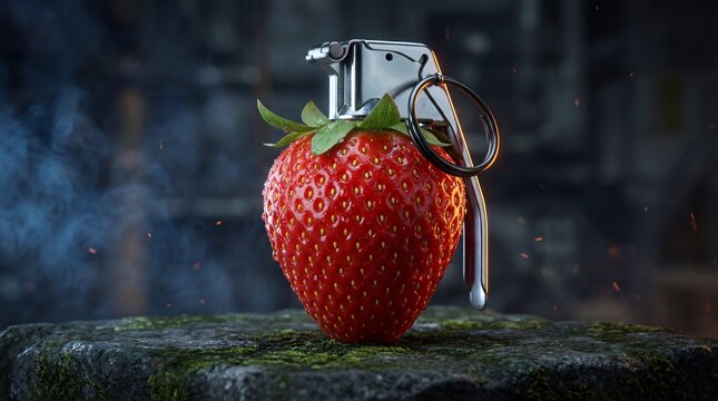 Strawberry Grenade: A surreal juxtaposition of nature and conflict, featuring a vibrant strawberry crafted into a grenade, perched atop a moss-covered rock.