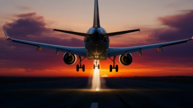 Dramatic low angle of jet airplane taking off into vibrant sunset