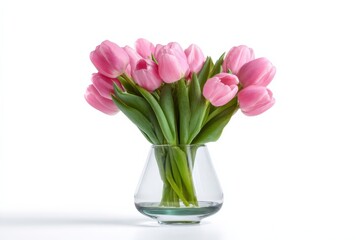 Fototapeta premium Pink tulips in clear glass vase on white background