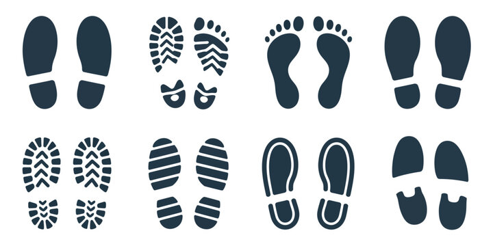 footprint icons collection, featuring human footprints, shoe prints, boot prints, and sole silhouettes, isolated