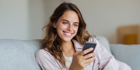 Smiling young caucasian female relaxing on couch with smartphone