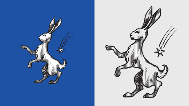 Heraldic hare standing with a falling star for coat of arms design and shield. Hand drawn engraving in old traditional medieval style, modern made element for family symbols and logo templates