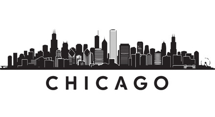 Obraz premium Chicago city skyline silhouette illustration with iconic buildings and cityscape, urban landscape in black and white.