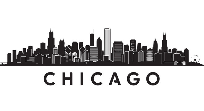 Chicago city skyline silhouette illustration with iconic buildings and cityscape, urban landscape in black and white.