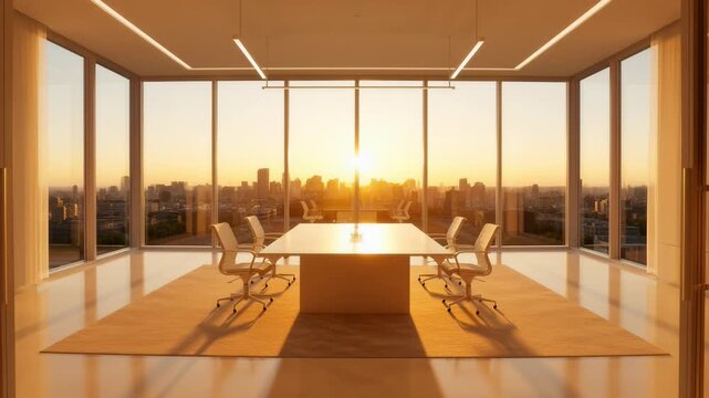 Smooth zoom into empty modern boardroom overlooking city sunset through glass walls