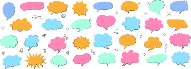 Doodle speech bubble collection in hand-drawn outline style. Simple communicative frames and comic clouds perfect for notes, dialogs, captions, titles, planners, stickers, social media graphics, educa