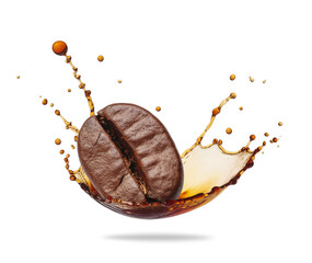 Coffee bean in splashes close-up isolated on a transparent background. Generative AI