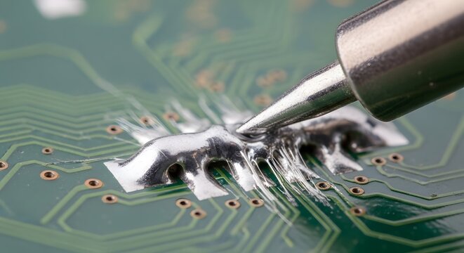 A detailed view of a soldering process on a circuit board