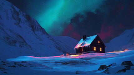 Modern A-frame Cabin in the Snow under Vivid Northern Lights