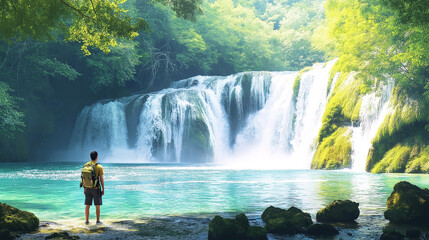 Male Backpacker standing in front of a Wide Lush Waterfall with Turquoise Water