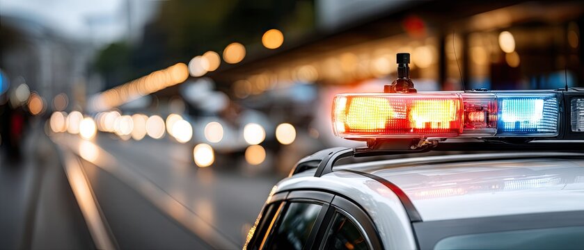 Police car with flashing lights racing through city streets at night with officers inside showing urgency in emergency response