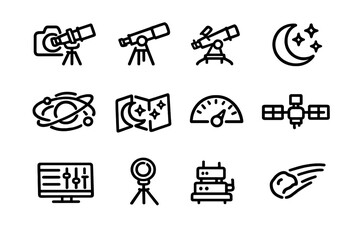 Astronomy and space observation line icons featuring telescope satellite moon stars comet and scientific equipment for stargazing © PAPA STOCK