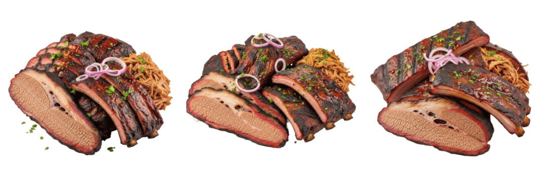 Set of Smoked BBQ Beef Brisket and Pork Rib Platters transparent background, PNG
