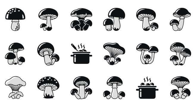 Black and white illustrations of various mushroom types and cooking pot with mushrooms, for food and fungi related designs