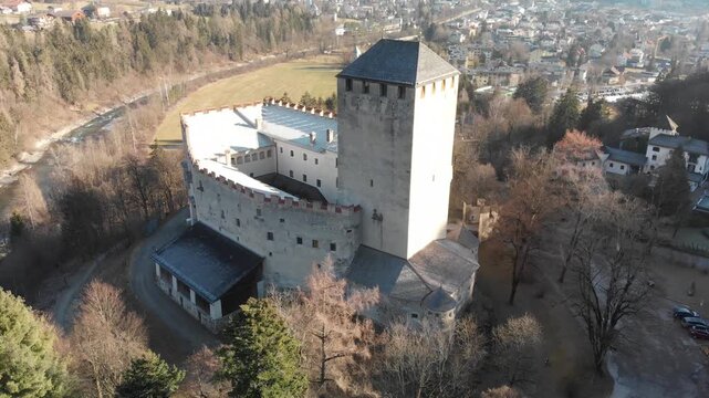 Aerial view of Lienz Castle and valley in winter season, Austria