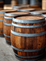 Fototapeta premium Rustic wooden barrels in industrial warehouse setting