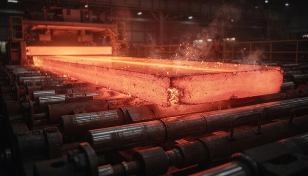 Medium shot of glowing redhot slabs exiting the continuous casting line with the roller table fading softly into the background.