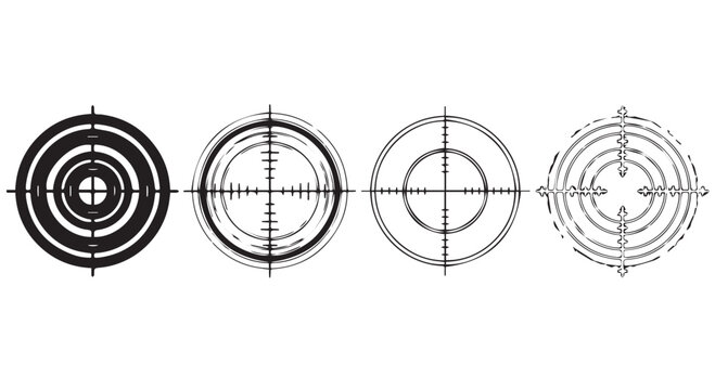 Four different scope target icons with crosshairs and concentric circles for aiming or targeting purposes in design projects.