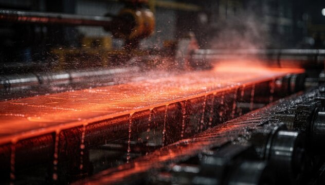Medium shot emphasizing a hot steel strip glowing bright red as subtle cooling sprays create a faint mist with blurred runout equipment in the background.