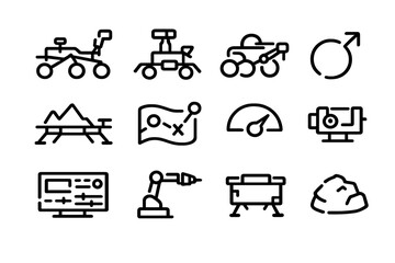 Mars rover and space exploration mission icons set including robotic arm lander and planetary research equipment © PAPA STOCK