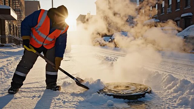 Worker shoveling snow from manhole in urban winter setting  