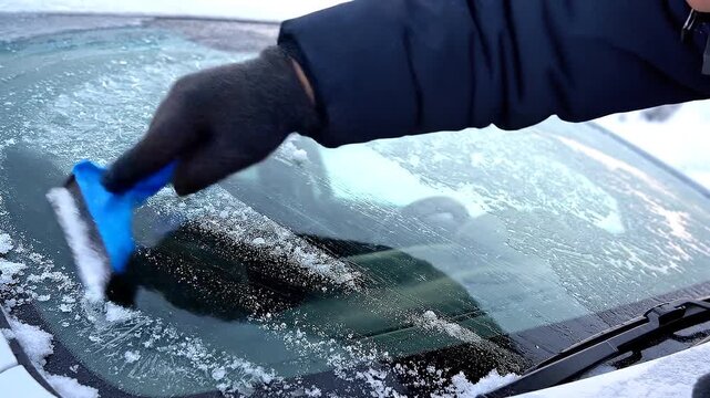 Hand using scraper to remove ice from car windshield in winter  