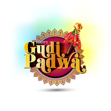 Logo design for Gudi Padwa or ugadi new year spring festival of india maharashtra. Traditional marathi konkani hindu fest background.