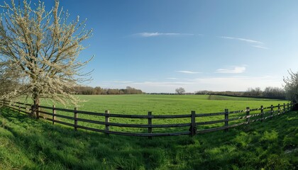 Fototapeta premium Spring Awakening: Blooming Trees with White Flowers by Wooden Fence in Green Field — Symbol of Harmony and Renewal