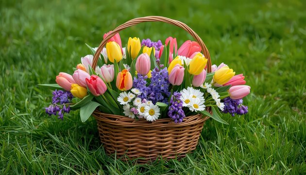 Spring Awakening: Basket with Tulips, Daisies, and Hyacinths in Green Grass &mdash; Symbol of Beauty and Renewal