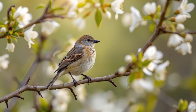 Spring Awakening: Small Bird on Blooming Tree Branch with White Flowers &mdash; Symbol of Nature&rsquo;s Harmony
