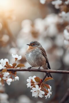 Spring Awakening: Small Bird on Blooming Tree Branch with White Flowers &mdash; Symbol of Nature&rsquo;s Harmony