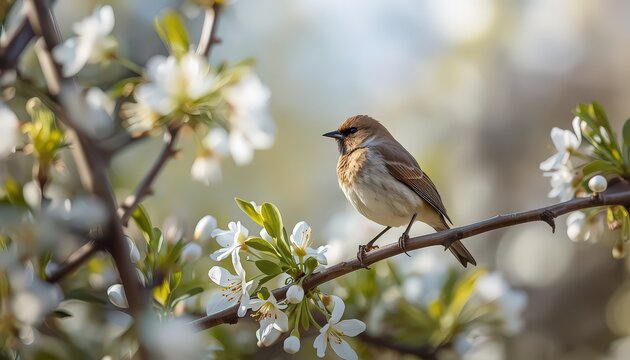Spring Awakening: Small Bird on Blooming Tree Branch with White Flowers &mdash; Symbol of Nature&rsquo;s Harmony