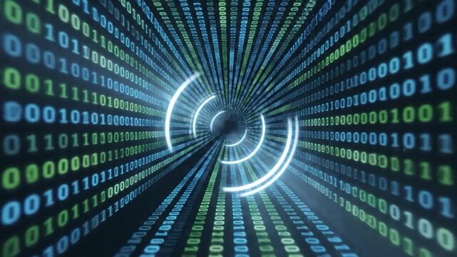Abstract digital data stream flowing through a futuristic binary code tunnel.