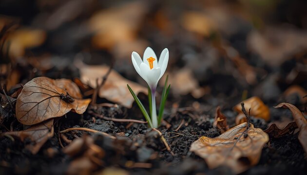 Arrival of Spring: White Crocus Blooming Amid Soil and Fallen Leaves &mdash; Symbol of Nature&rsquo;s Awakening