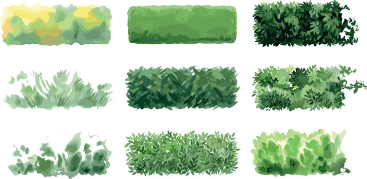 Watercolor Style Vector Illustration Set of Green Garden Hedges, Shrubbery Borders, Lush Decorative Bushes, and Natural Foliage Elements for Landscape Design and Outdoor Architecture.