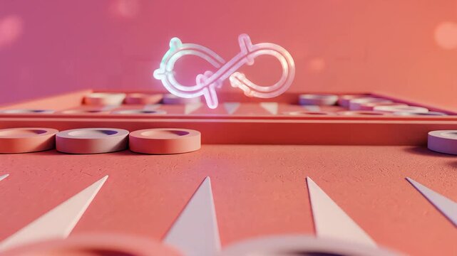 Backgammon game board with neon infinity symbol on red background.