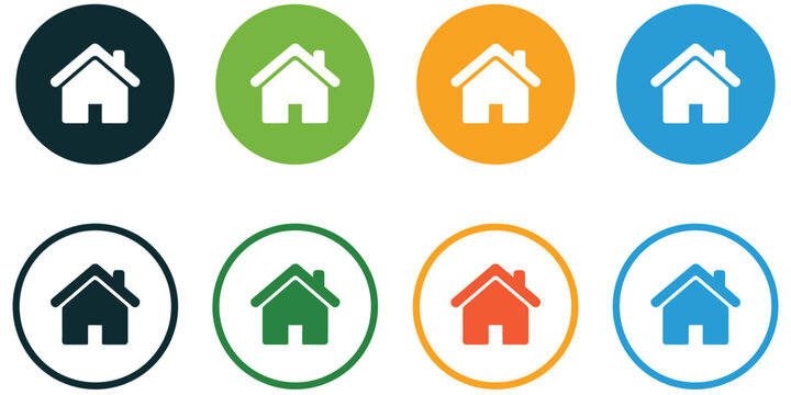 Web home icon for apps and websites, house icon and main page symbol in circle, including filled, thin line, outline, and stroke styles, perfect for UI design