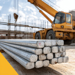 Obraz premium Industrial construction site with steel beams and heavy machinery