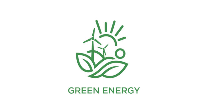 Green Energy Logo with Renewable Energy Symbols and Leaves.