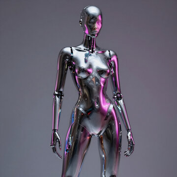 minimalist, a chrome alien woman, an amorphic humanoid cyborg with liquid metal appearance and no face, set against a backdrop of darksynth wallpaper in the modern fashion style