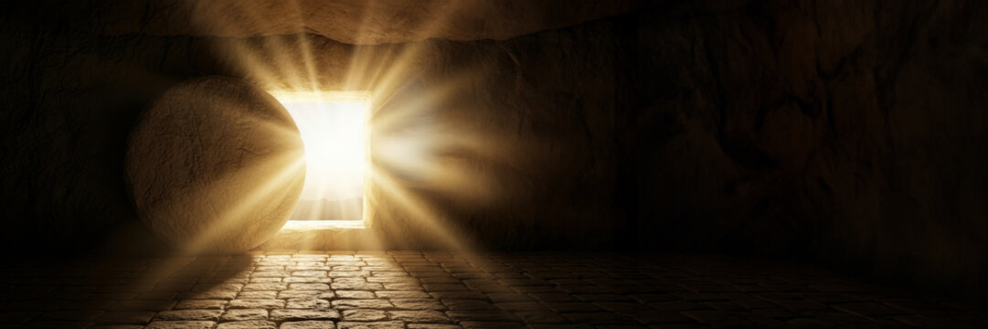 Ressurection day banner for Christianity Easter holiday. Religion, hope, faith. Empty cave tomb with bright light rays shining from open entrance.