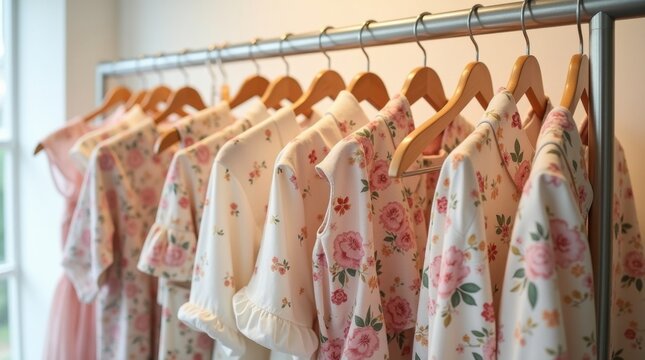 Prendas con estampados florales en perchas a lo largo de un estante minimalista, iluminaci&oacute;n suave de boutique, exhibici&oacute;n de vestuario cuidadosamente seleccionado