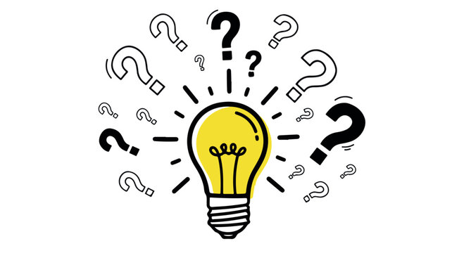 Bright idea with question marks surrounding a glowing light bulb, symbolizing creativity and inquiry in a simple illustration.