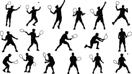 Tennis player silhouettes collection, racket sports action poses, professional match play set, athletic training illustration, isolated vector design pack