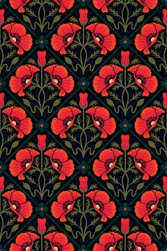 Seamless floral pattern texture or background with bouquet of bright red poppies surrounded by  foliage and buds. Vintage art nouveau style. Handmade drawing vector illustration.