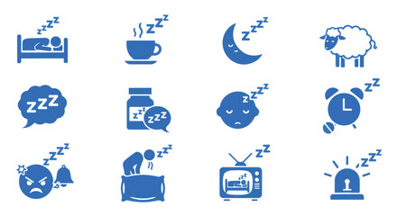 Collection of blue sleep themed icons, including bed, coffee, moon, sheep, and alarm clock, representing rest and relaxation.