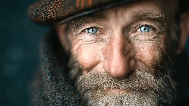 Close-up portrait of an elderly man with striking blue eyes and a textured beard