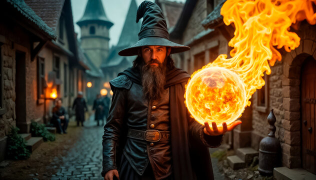 A mysterious black magician performs magic with a fireball on the street of a medieval town